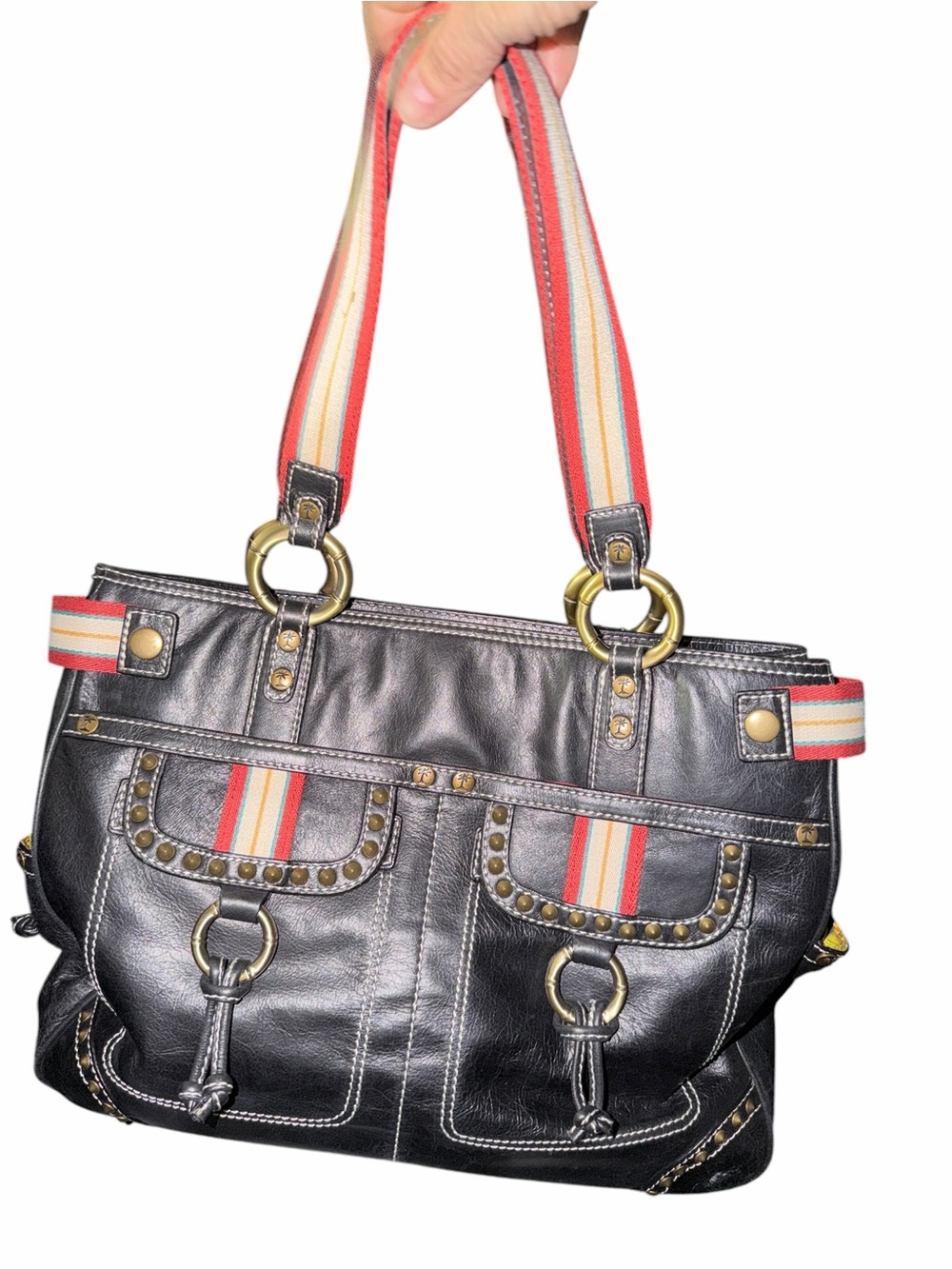 Black Tommy Bahama Leather Tote Bag with Stripe Accent